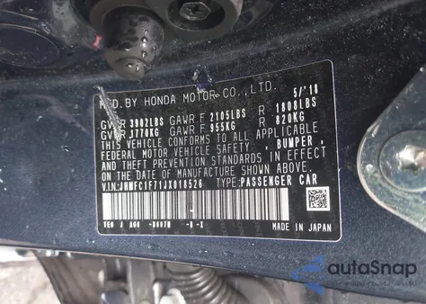 2018 Honda Civic Ex-L from USA, damaged, VIN JHMFC1F71JX018526